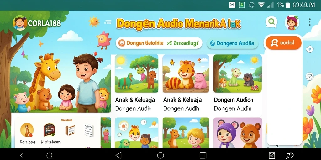 Tampilan antarmuka aplikasi Dongeng Audio CORLA188 yang ramah anak.